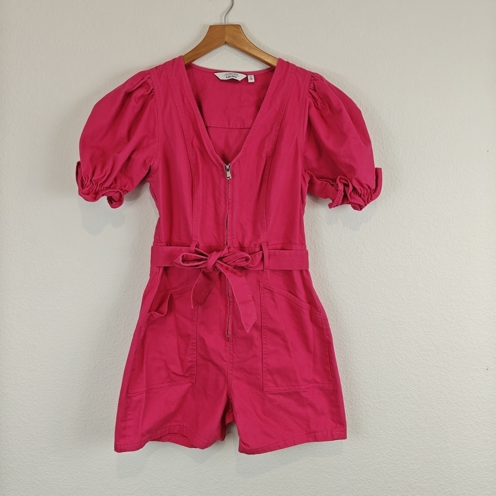 & Other Stories Belted V-neck Puff Sleeve Romper In Hot Pink Denim Size 6